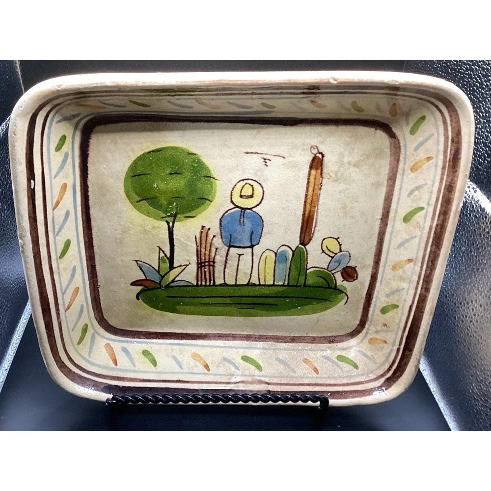 VTG Mexican Art Pottery Dish Hand Painted 8"x 9" Kitchen Decor Unique Landscape